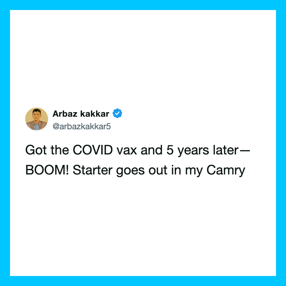 Arbaz kakkar's tweet about COVID vaccine and starter going out in his Camry.
