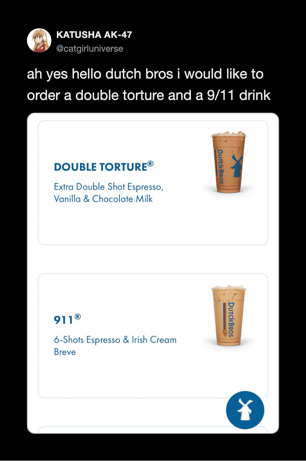 Twitter post about ordering double torture and a 9/11 drink with images of coffee cups.