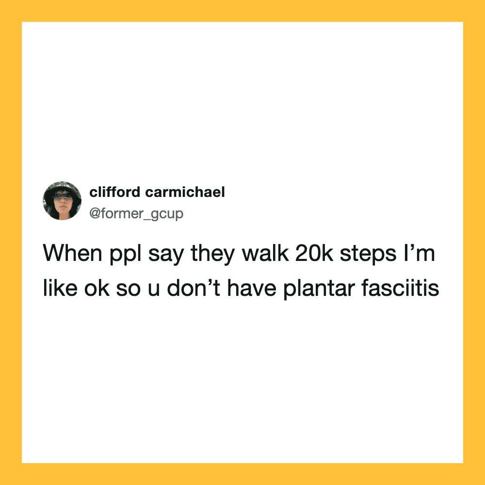 Twitter post by clifftord carmichael about walking 20k steps and plantar fasciitis.