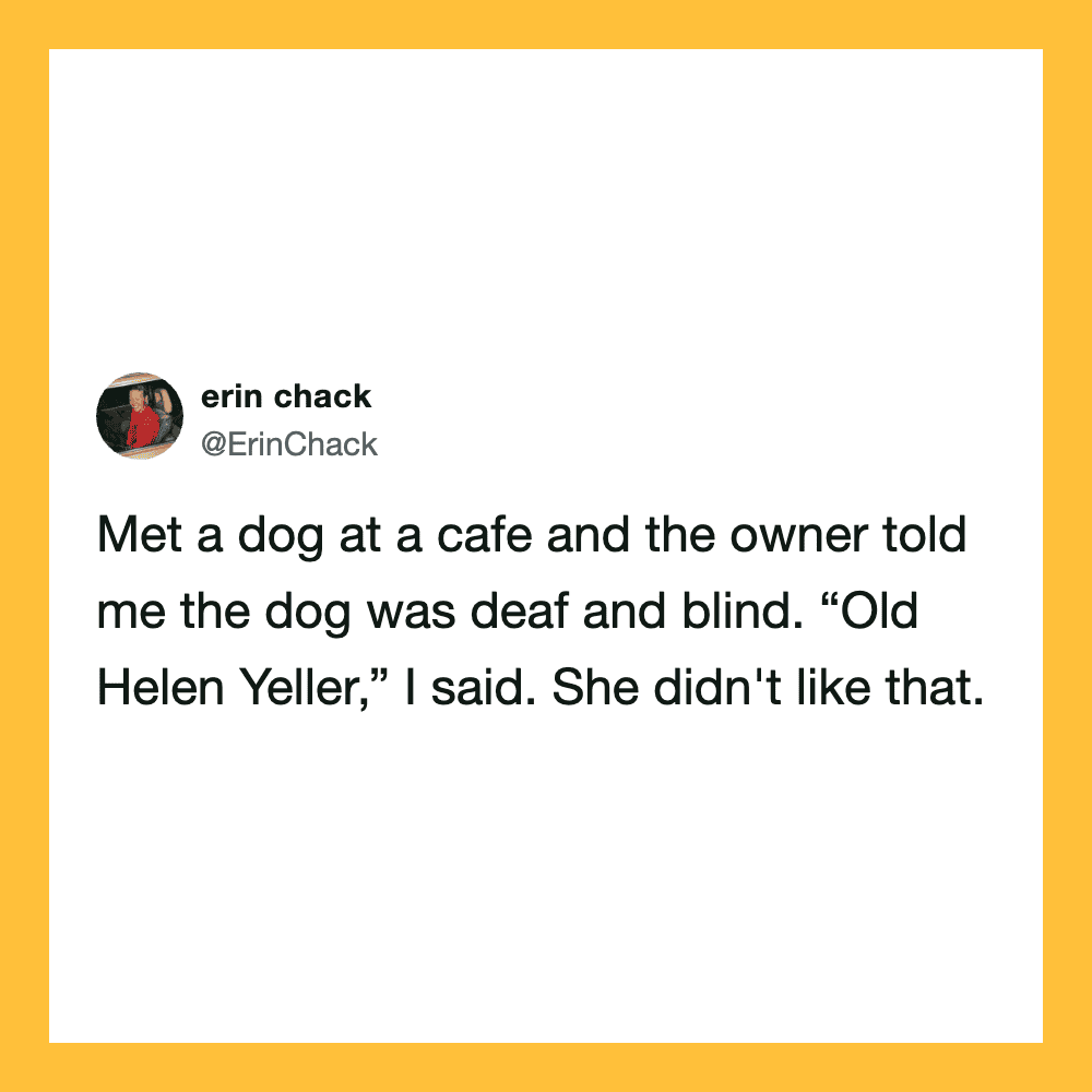 Tweet about meeting a deaf and blind dog named Old Helen Yeller.