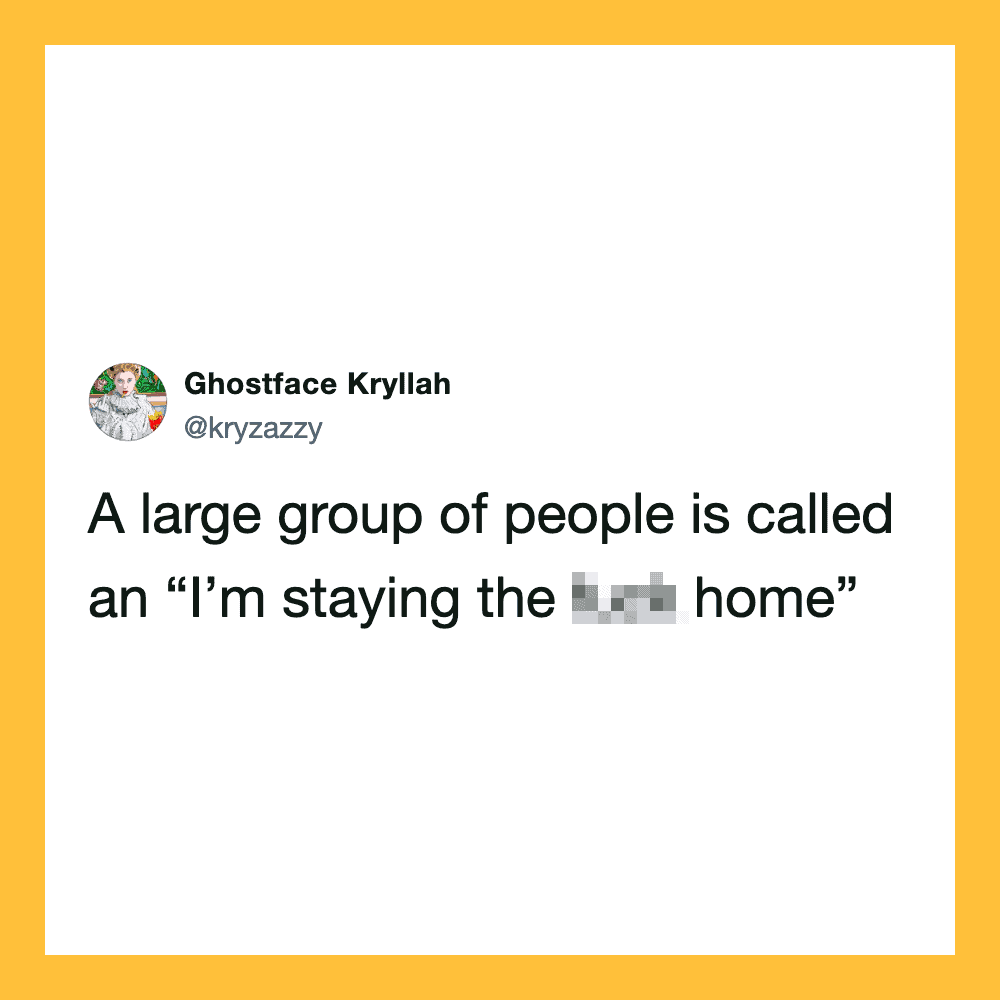 A tweet by Ghostface Kryllah about a large group called 'I'm staying the [blurred] home'.