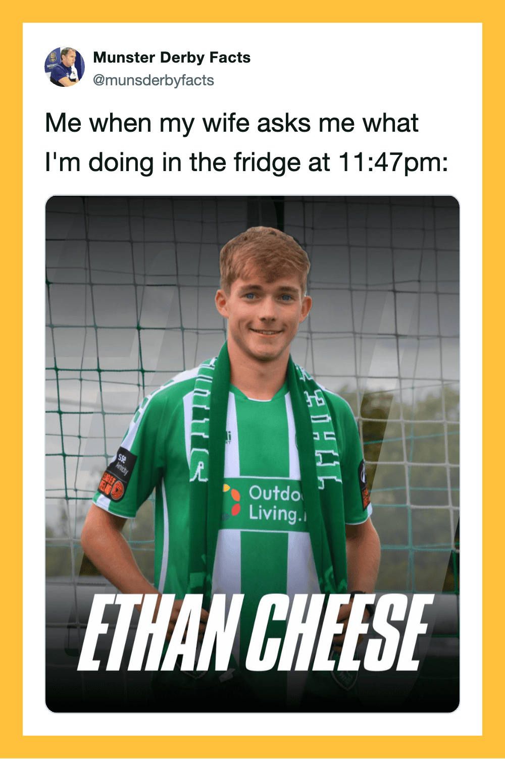 Ethan Cheese in a green soccer jersey with a scarf, smiling in front of a goal.