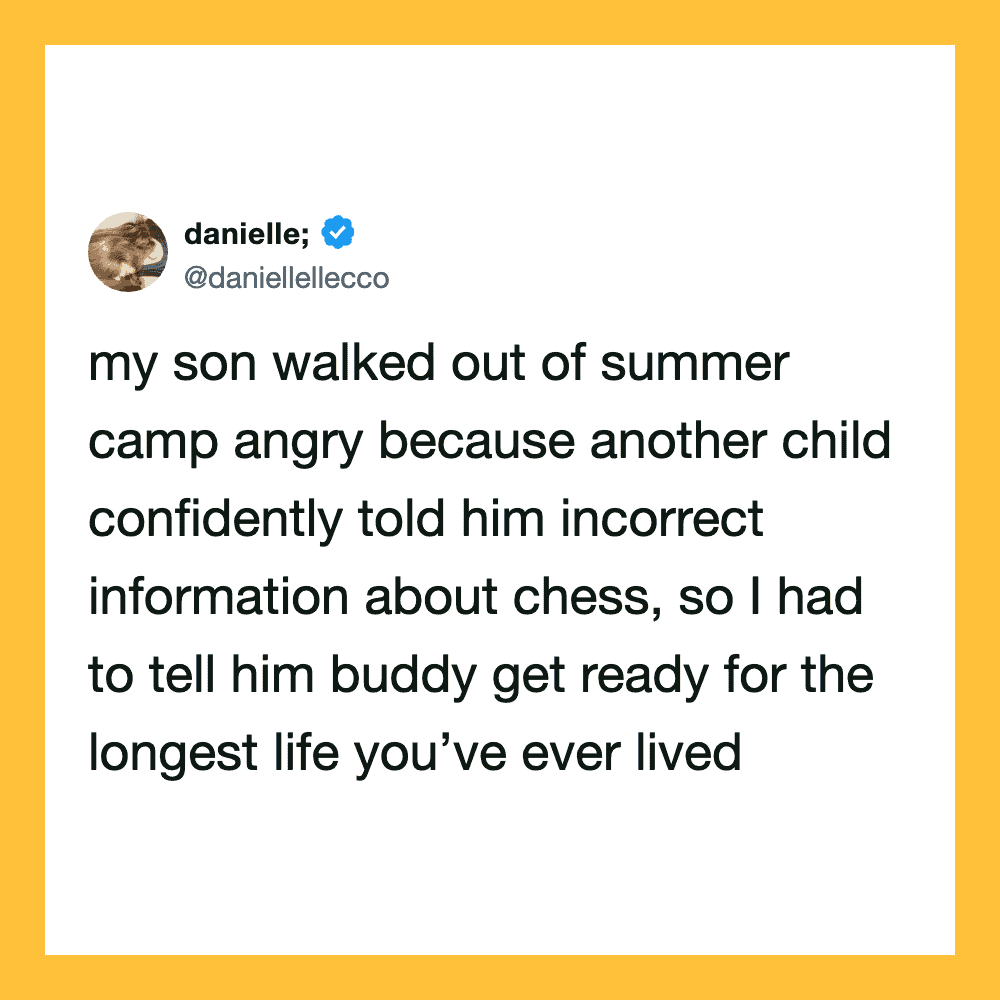 Twitter post by danielle; my son walked out of summer camp angry because another child confidently.