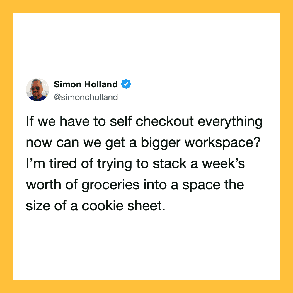 Simon Holland's tweet about needing a bigger workspace for groceries.