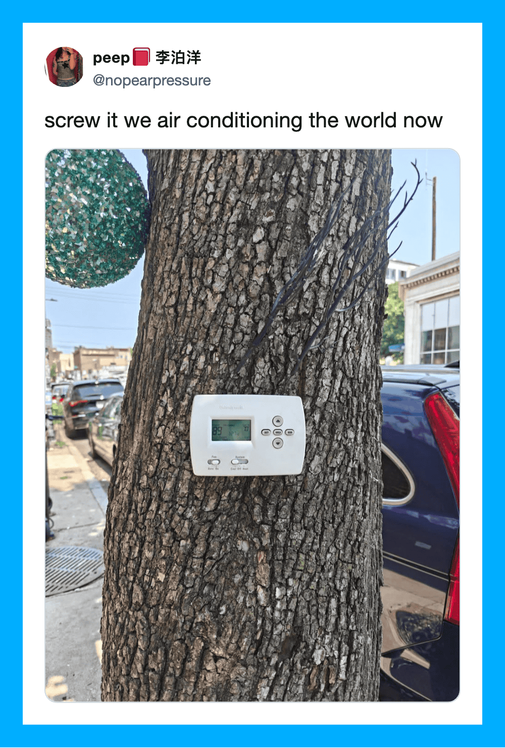 Thermostat attached to a tree with a humorous caption about air conditioning.