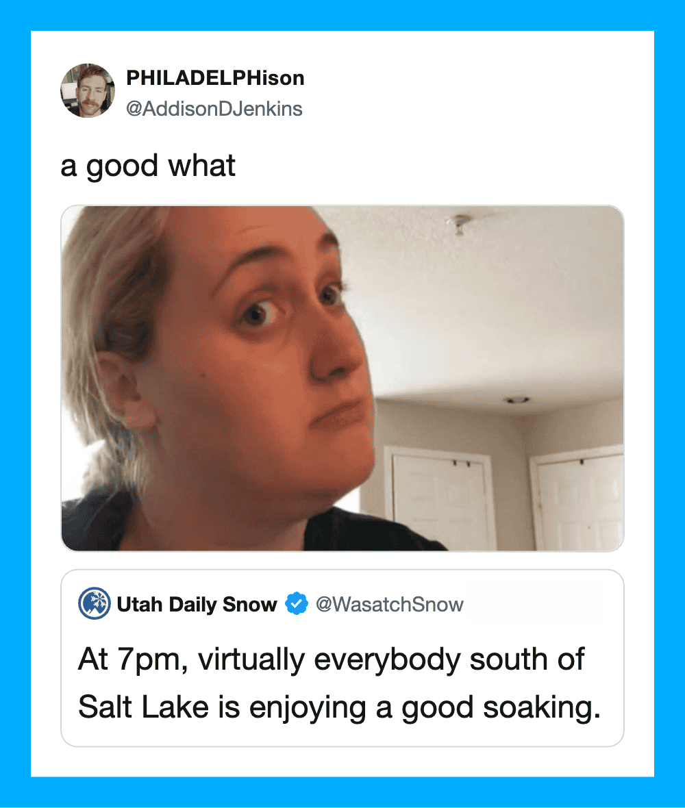 A woman with blonde hair making a skeptical face, with a tweet about Salt Lake weather.