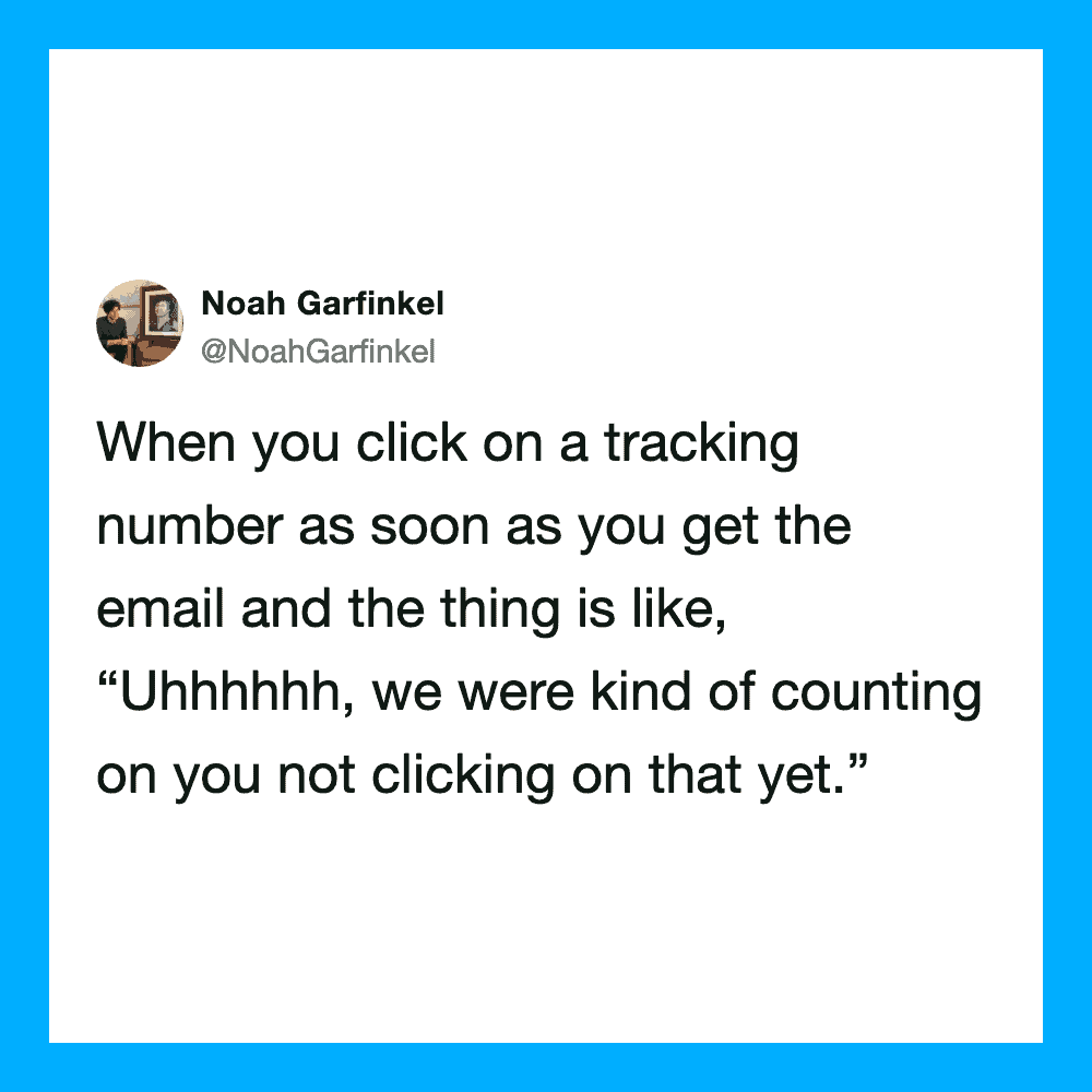 Twitter post by Noah Garfinkel about tracking numbers and email notifications.