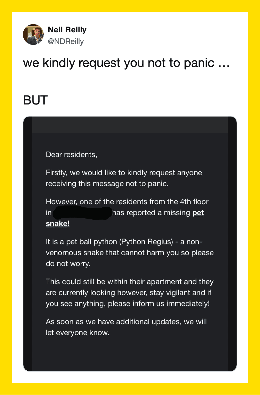 Funny tweet about a pet python snake reported as a missing pet.