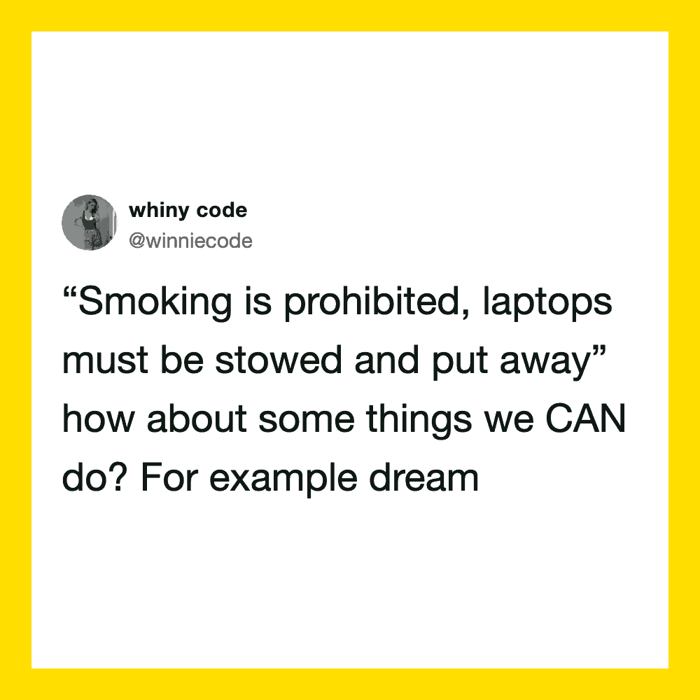 Whiny code tweet about laptops and dreams.