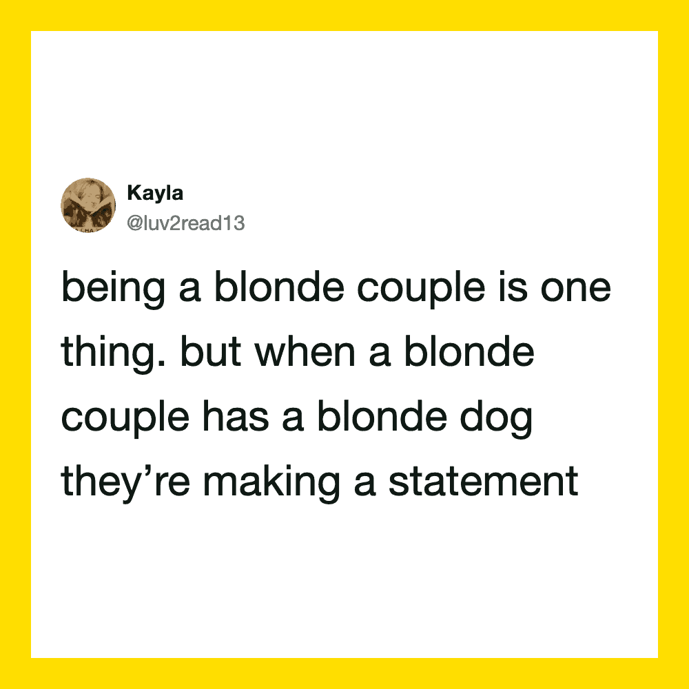 Twitter post by Kayla about blonde couples and blonde dogs.