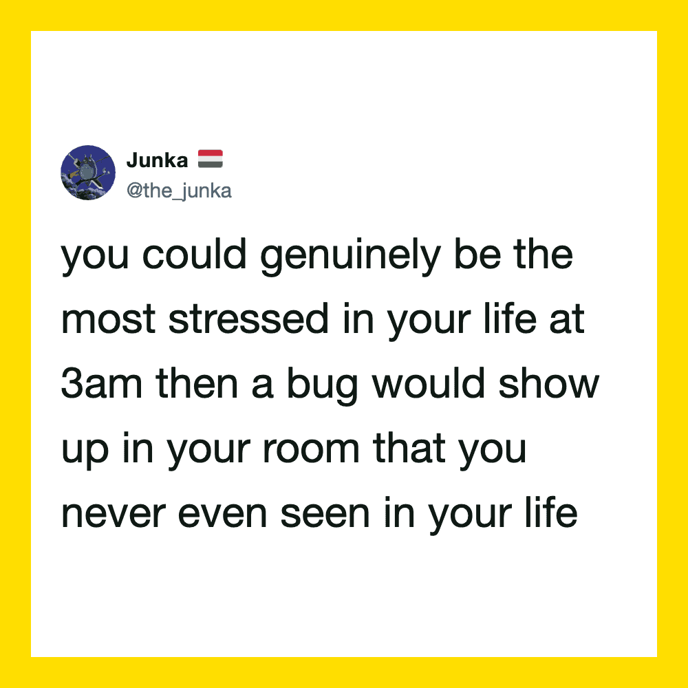Twitter post by Junka about stress and bugs at 3am.