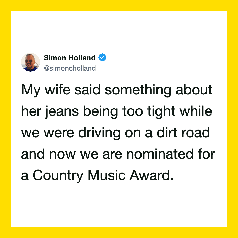 Twitter post by Simon Holland about his wife and country music award.