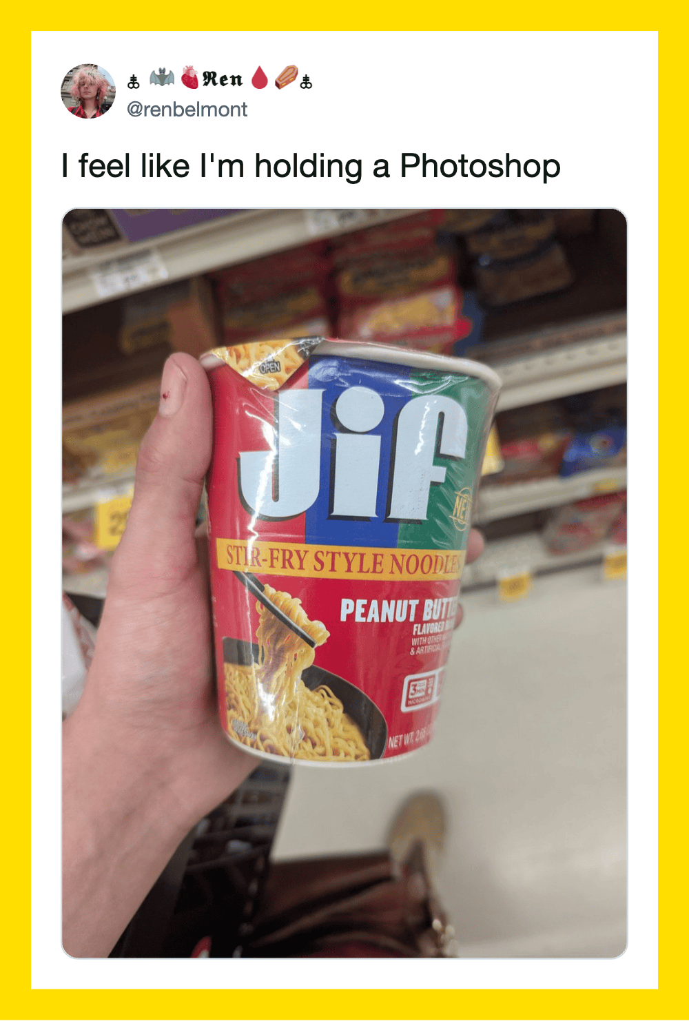 Person holding a Jif peanut butter cup with a humorous caption about Photoshop.