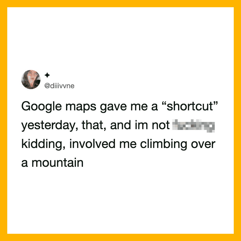 Twitter post about Google maps shortcut involving climbing a mountain.