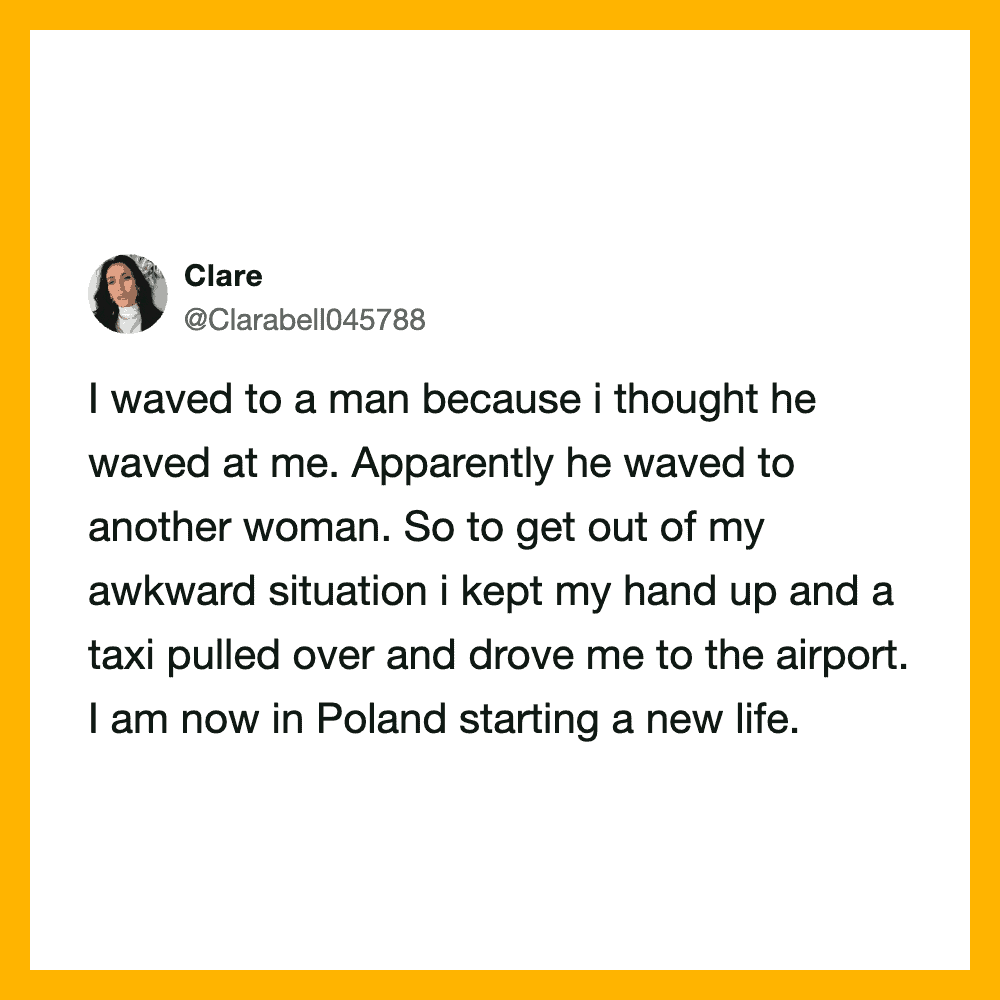 A tweet by Clare about a humorous airport encounter in Poland.