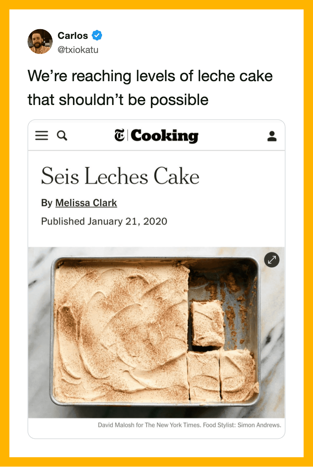 Carlos tweets about reaching levels of leche cake that shouldn't be possible.