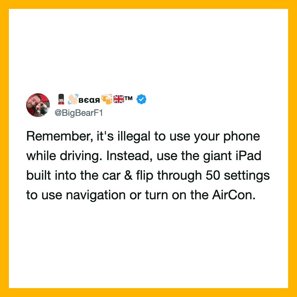 Twitter post about using an iPad instead of a phone while driving.