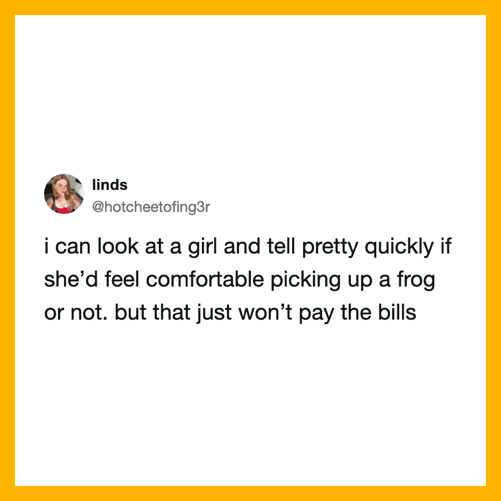 Tweet by linds about judging girls by their comfort with frogs.