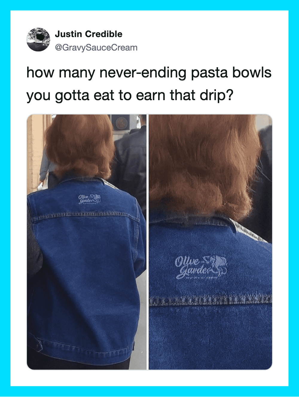 Two photos of a person with brown hair wearing a blue denim jacket with Olive Garden logo.