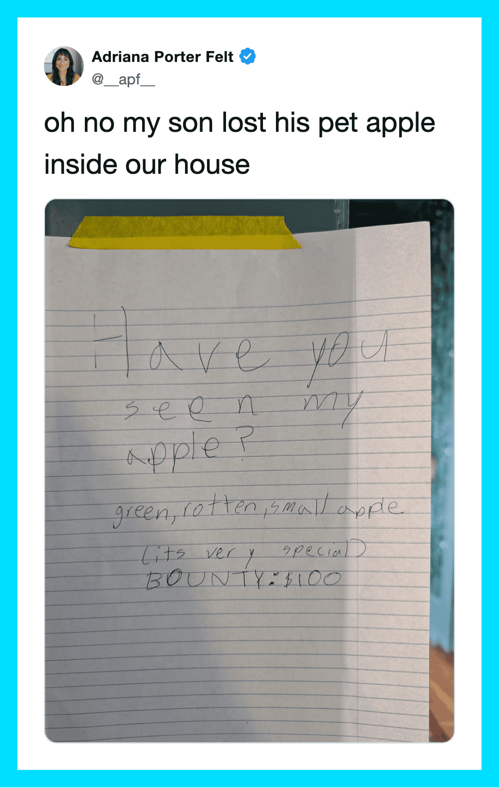 Child's handwritten note asking about a lost pet apple inside the house.