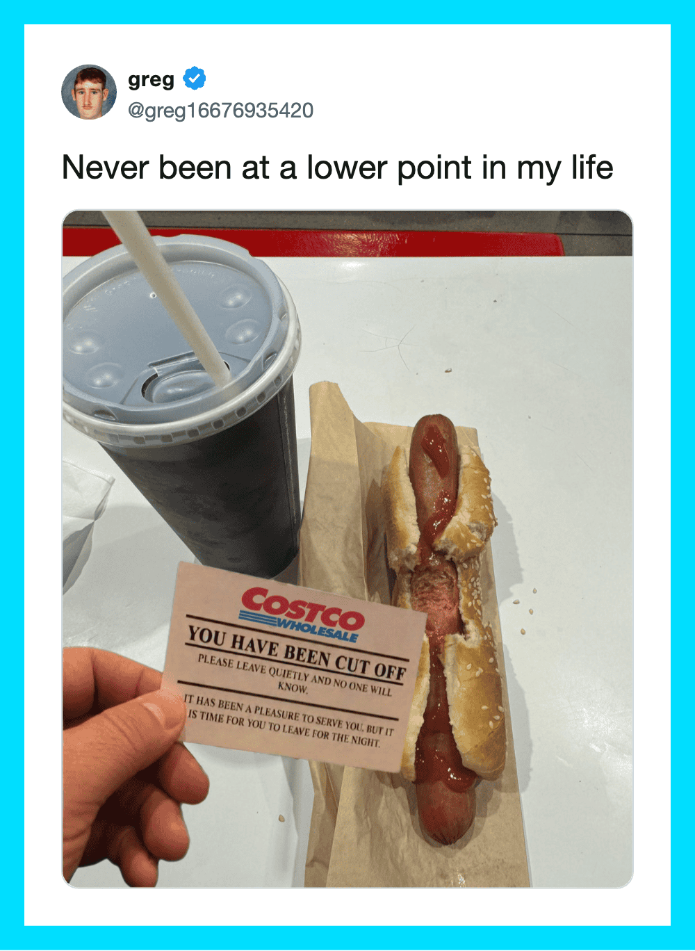 A hot dog with ketchup and a soda at Costco, with a humorous tweet about low points in life.