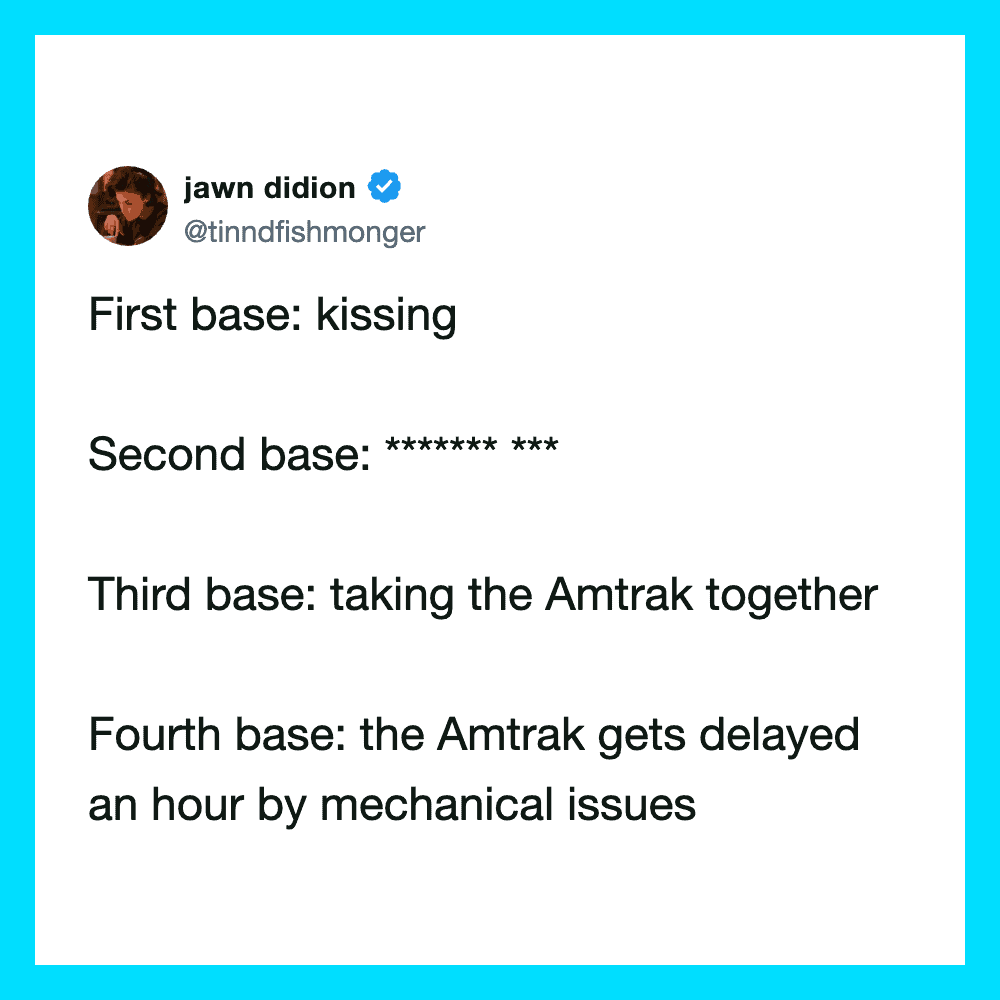 Twitter post by jawn didion about bases and Amtrak delays.