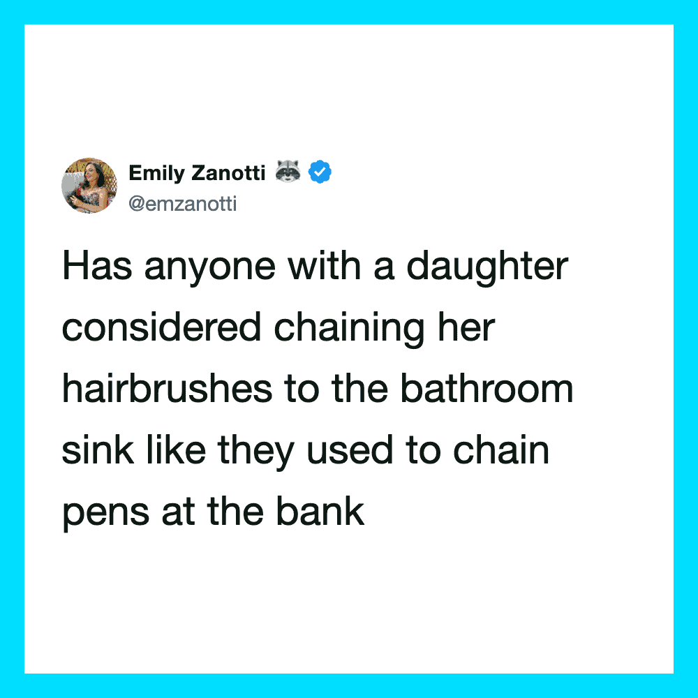 Emily Zanotti's tweet about a daughter chaining hairbrushes to the bathroom sink.