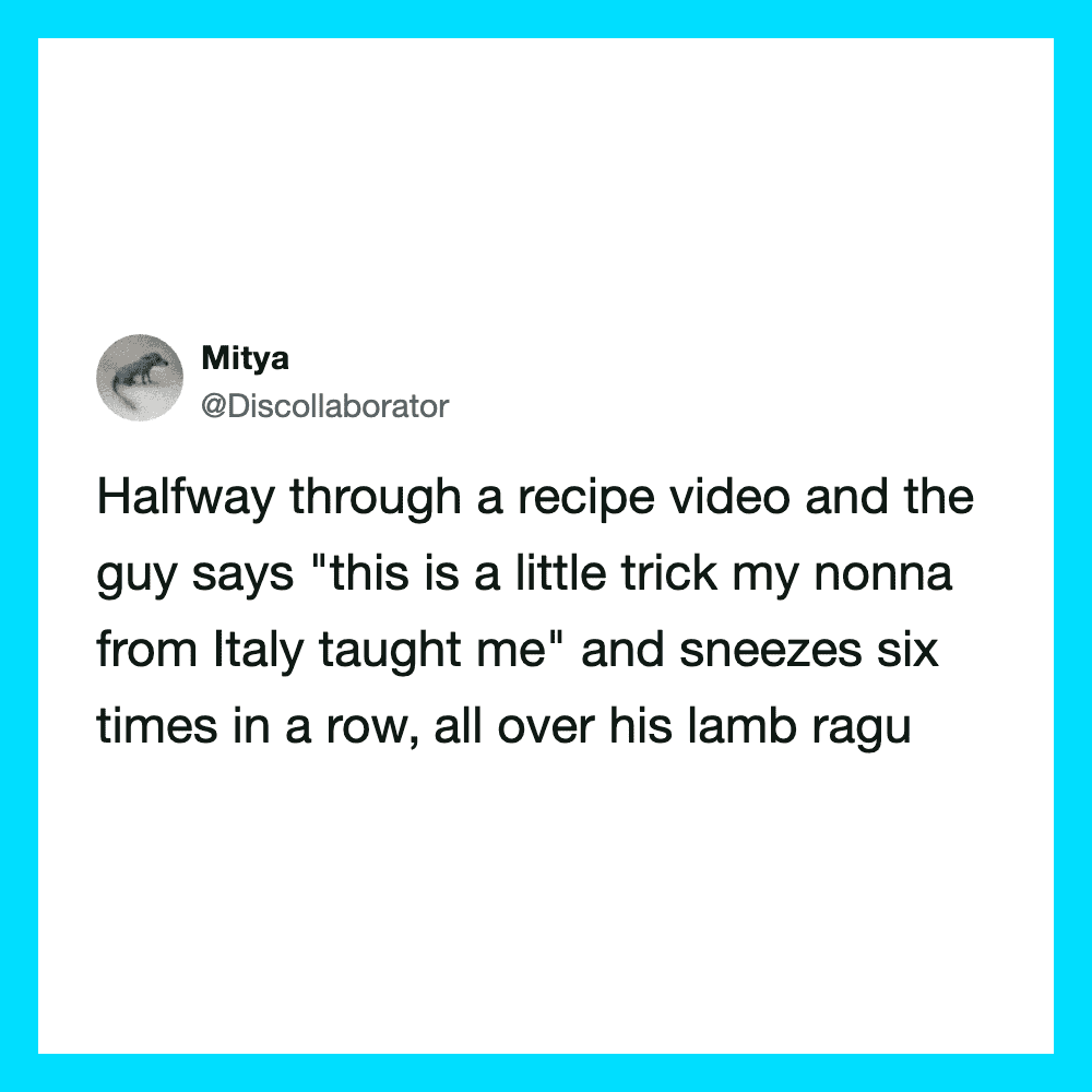 Mitya's tweet about a recipe video and a guy sneezing over lamb ragu.