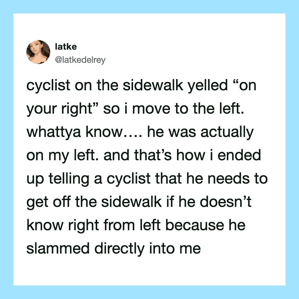 Twitter post by latke about a cyclist on the sidewalk and a misunderstanding.