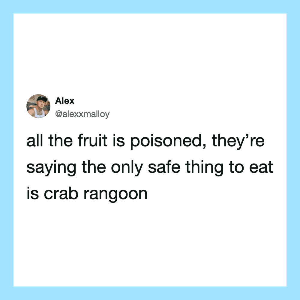 Twitter post by Alex about poisoned fruit and crab Rangoon.