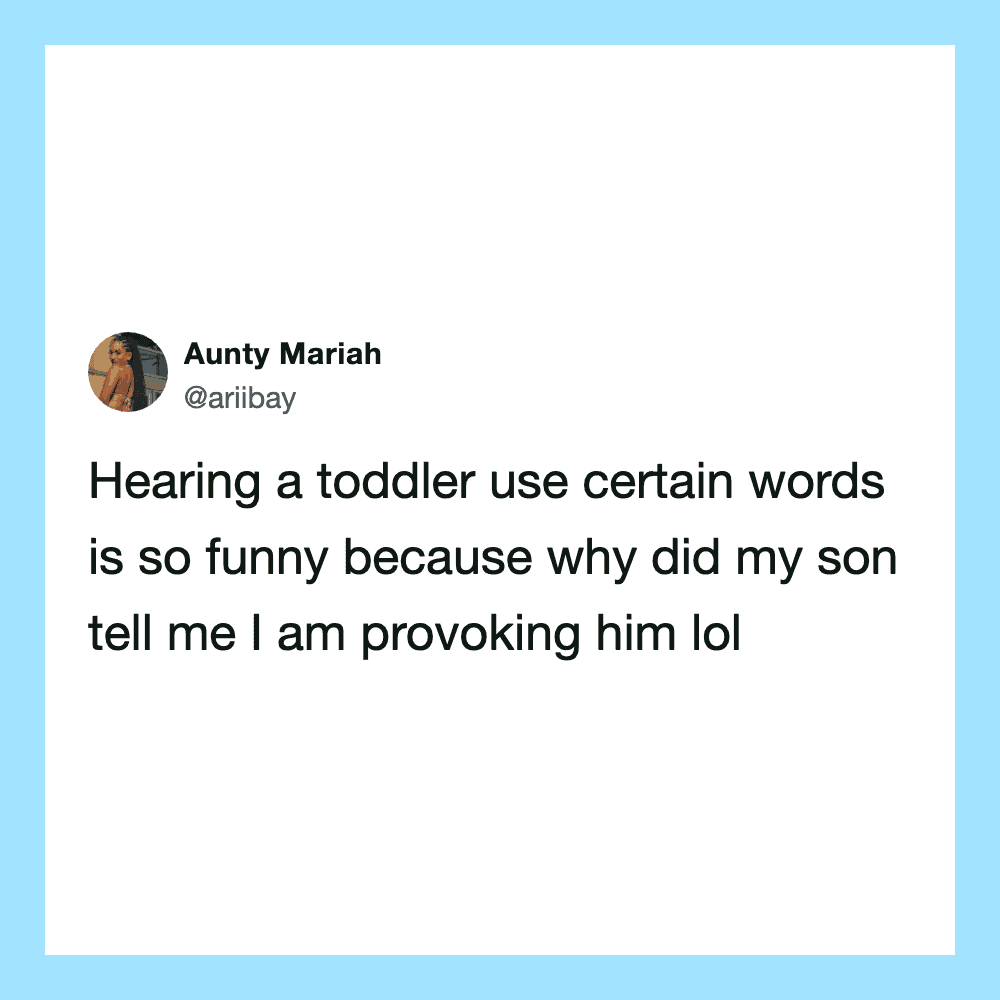 Tweet by Aunty Mariah about a toddler using funny words.
