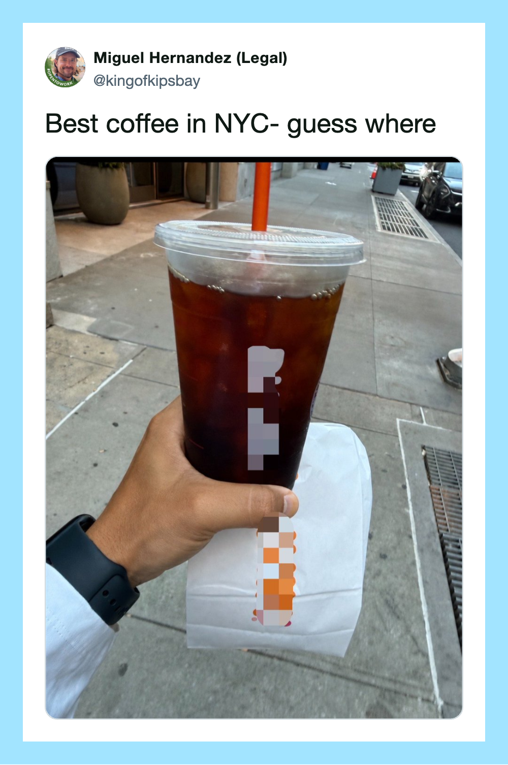 Hand holding iced coffee on NYC sidewalk with caption about best coffee.