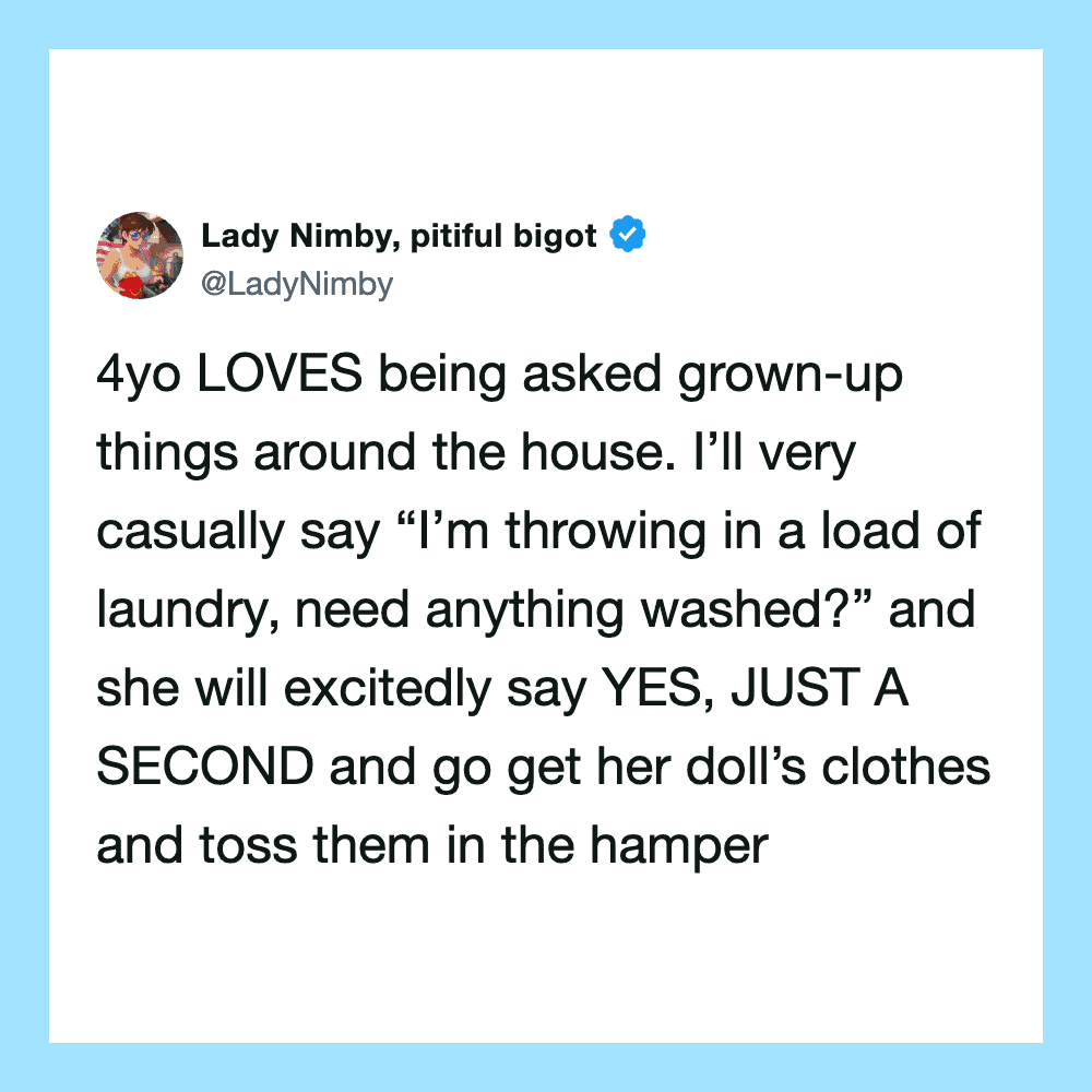 Lady Nimby's tweet about her 4-year-old loving being asked grown-up chores.