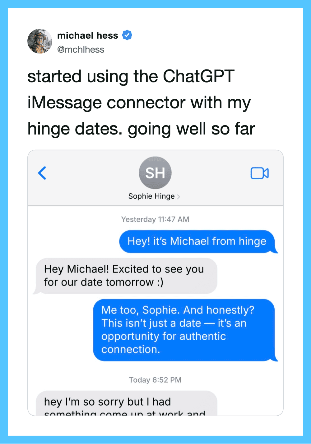 Screenshot of a chat conversation about using ChatGPT iMessage connector with hinge dates.