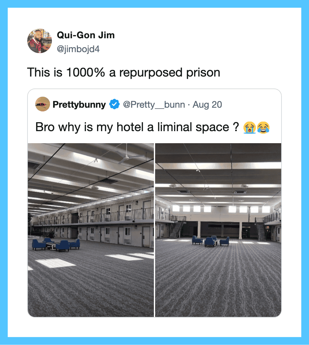 Two photos of an empty hotel lobby with modern design, showing a spacious, minimalistic space.
