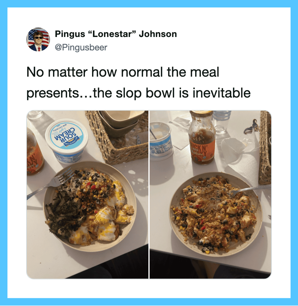 Two photos of slop bowls with different meals, with a bottle of hot sauce and yogurt on the table.