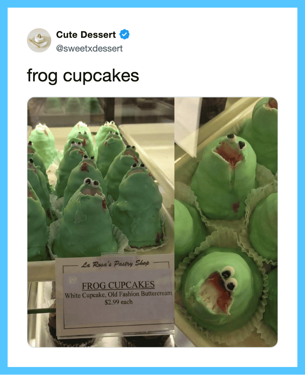 Frog-shaped cupcakes with white icing eyes and red mouths on a display table.