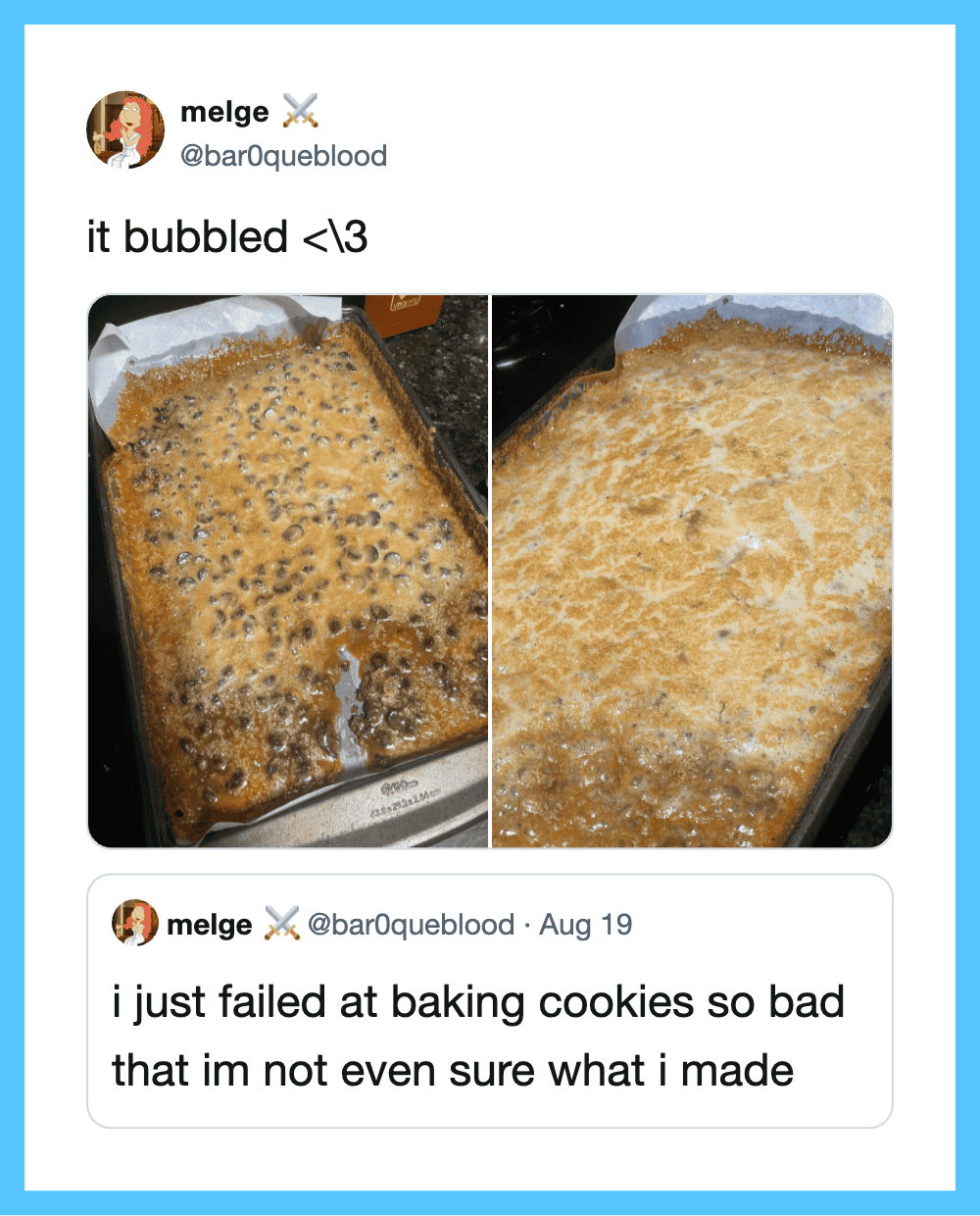 Two photos of a baking tray with burnt and unbaked cookie dough, posted in a tweet.