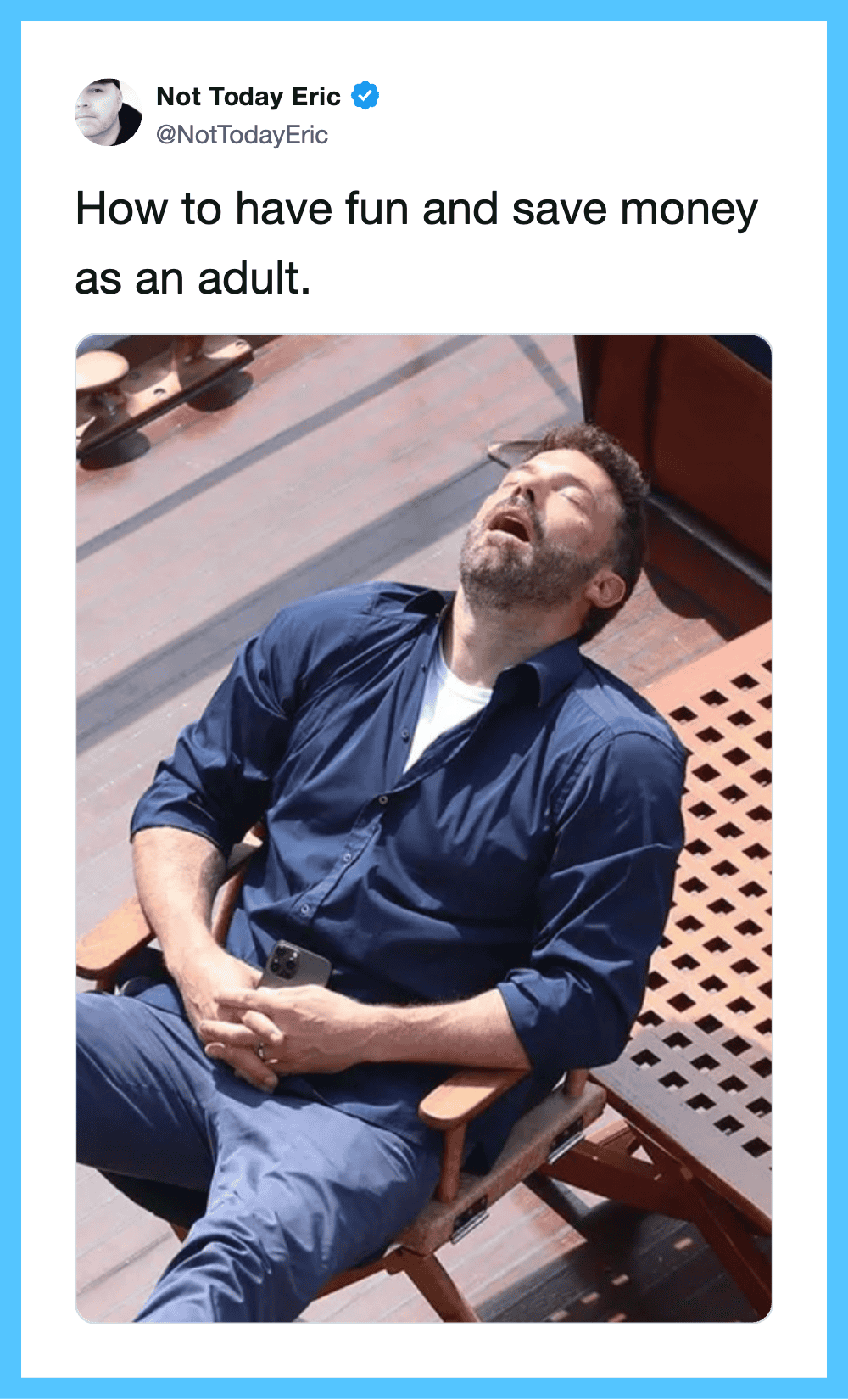Man relaxing on a chair with eyes closed, smiling, enjoying leisure time.