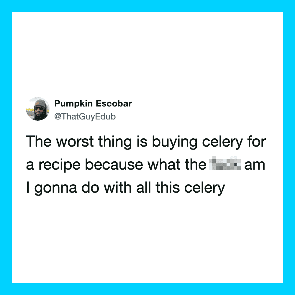Tweet from Pumpkin Escobar about buying celery for a recipe.