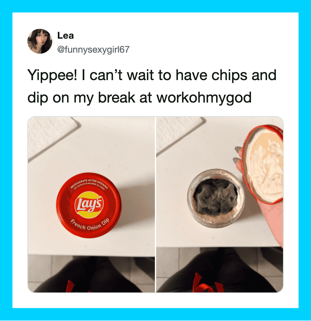 Photo of a Lay's French Onion Dip container and a hand holding the opened dip.
