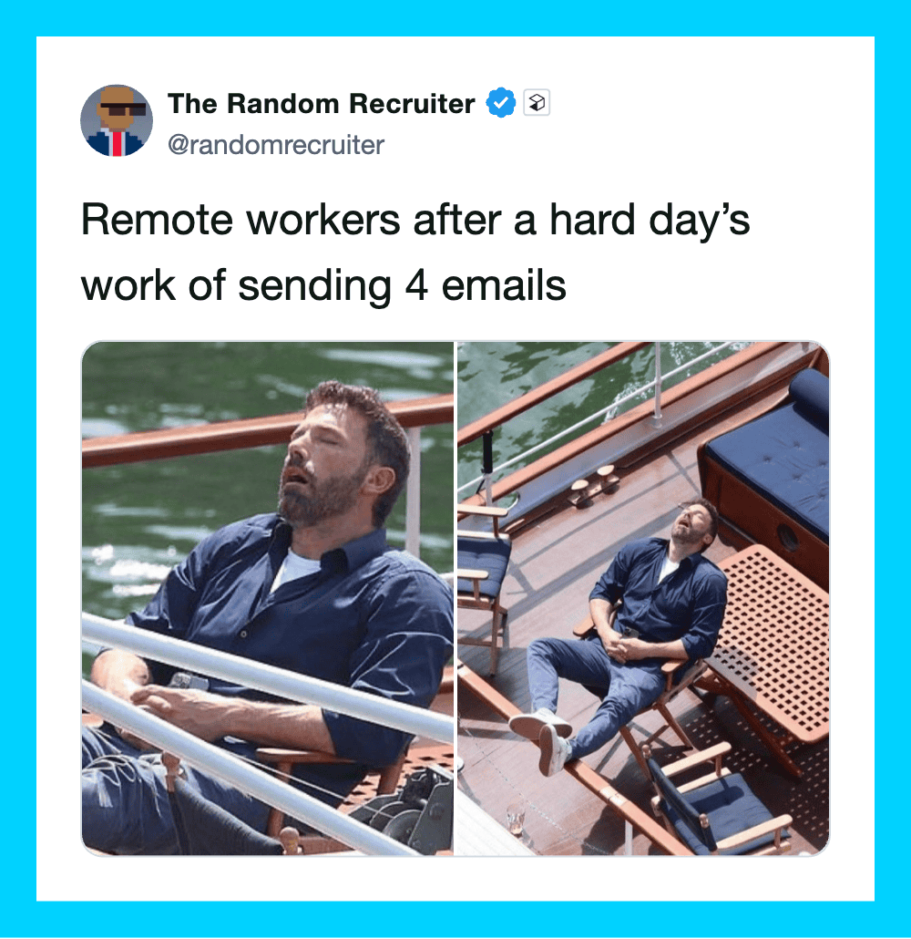 Remote workers resting on a boat after sending 4 emails, one looking tired, the other relaxing.