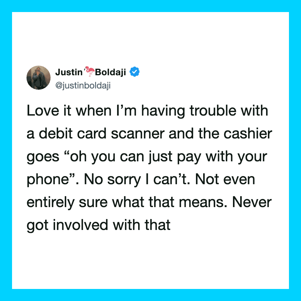 Justin Boldaji's tweet about trouble with debit card scanner and cashier.