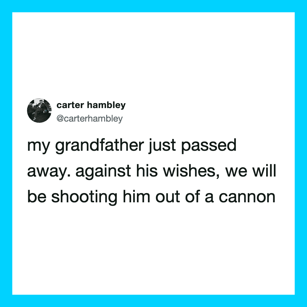 Twitter post by carter hambley about his grandfather passing away.