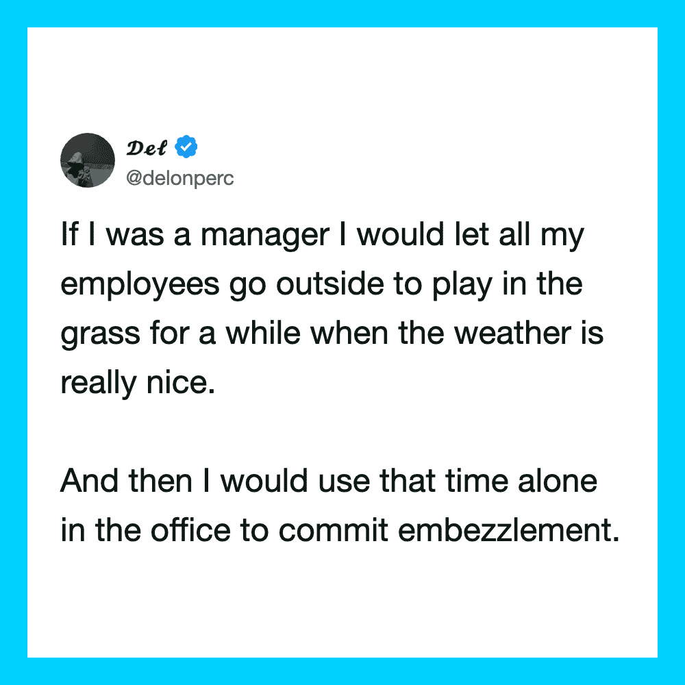 Tweet by @delonperc about letting employees play outside and then commit embezzlement.