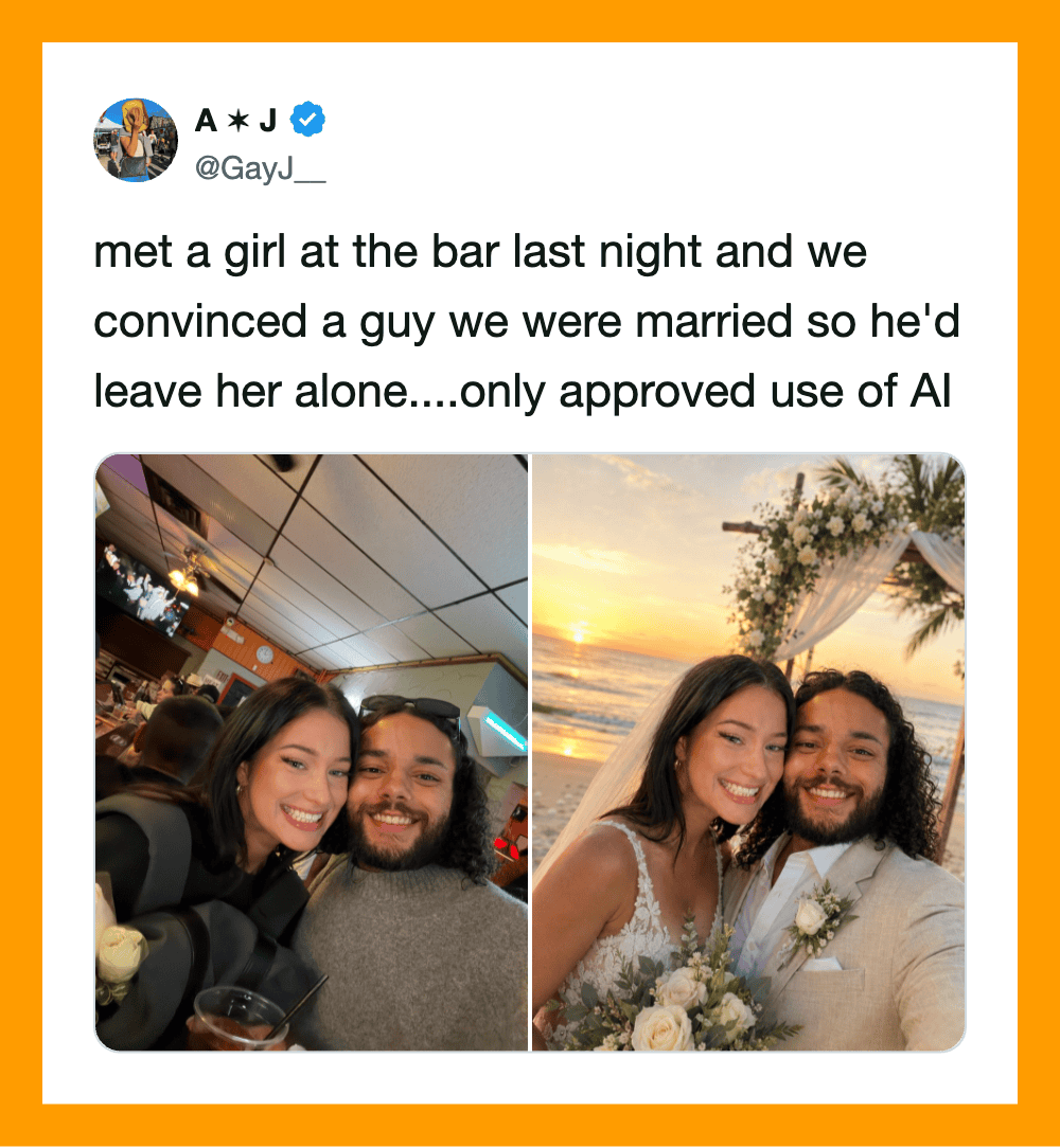 Two photos of a couple at a bar and on the beach, smiling and happy.