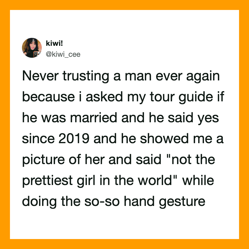 Twitter post about distrust in men, mentioning a tour guide and a hand gesture.