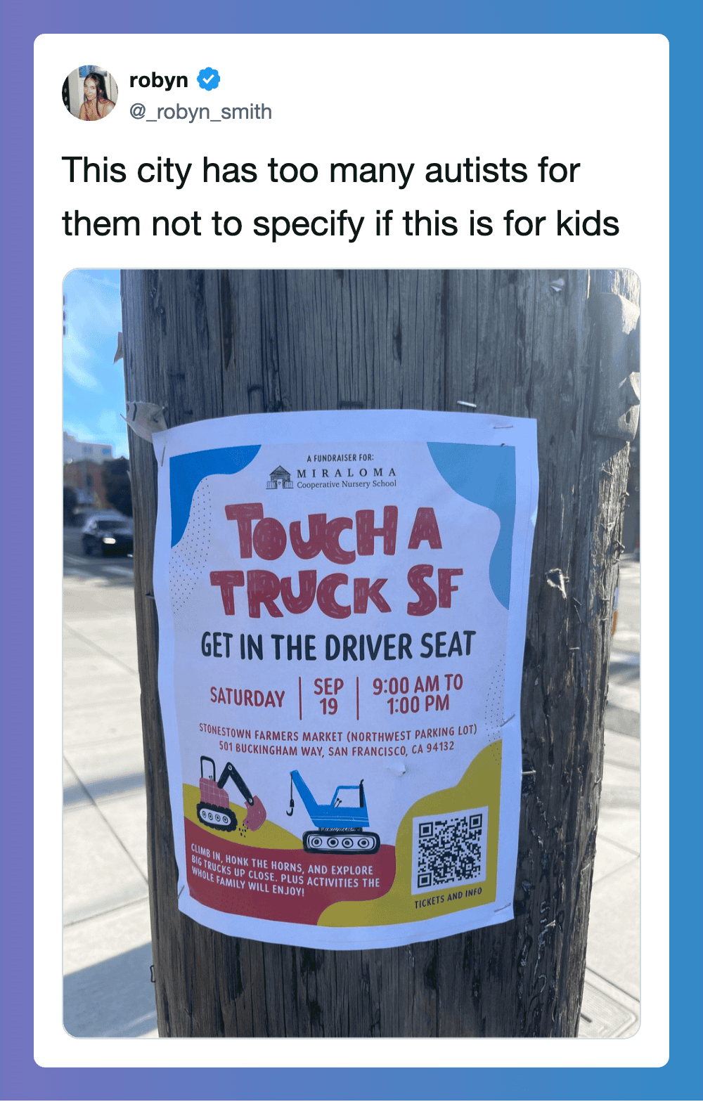 Flyer for Touch a Truck SF event on Saturday, September 9, 2023, from 9 am to 1 pm.
