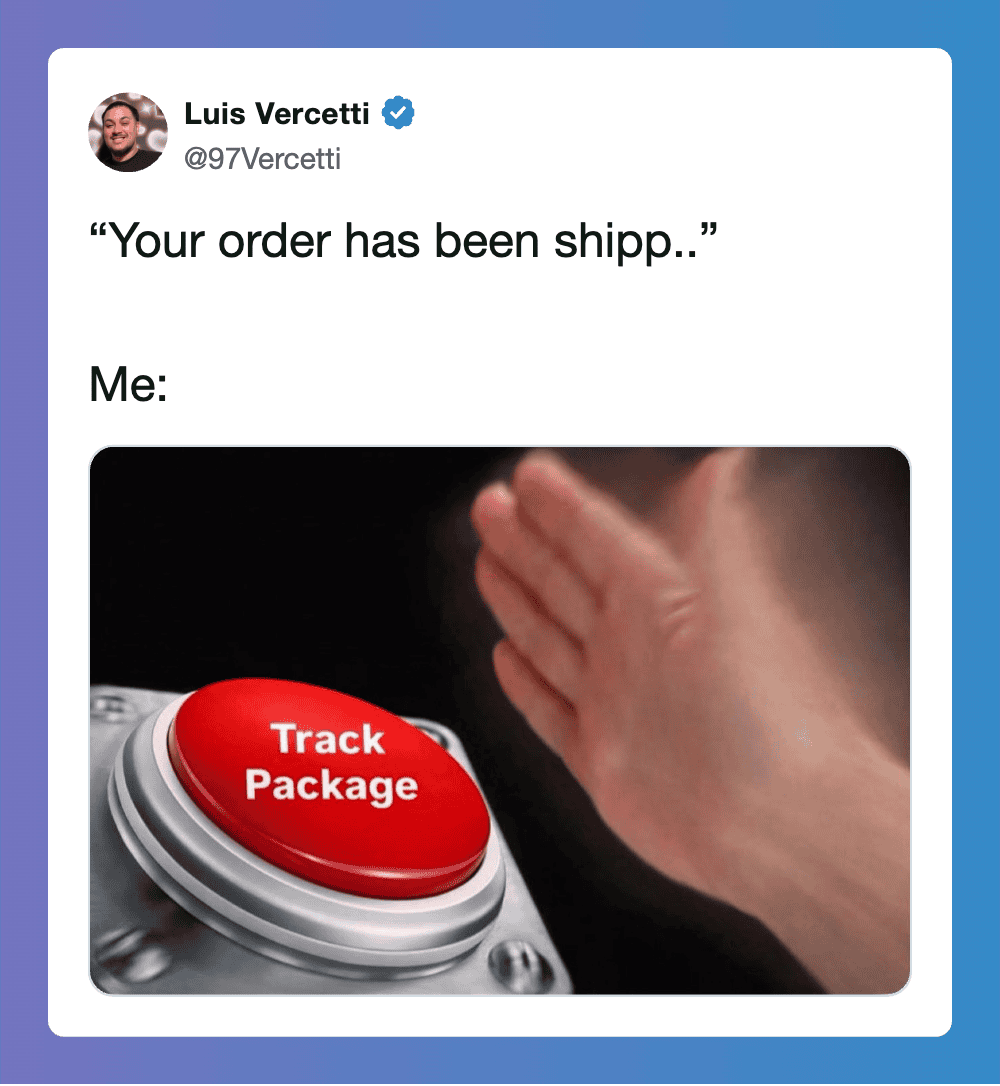 A hand slamming a red button labeled 'Track Package' with a caption about order shipment.