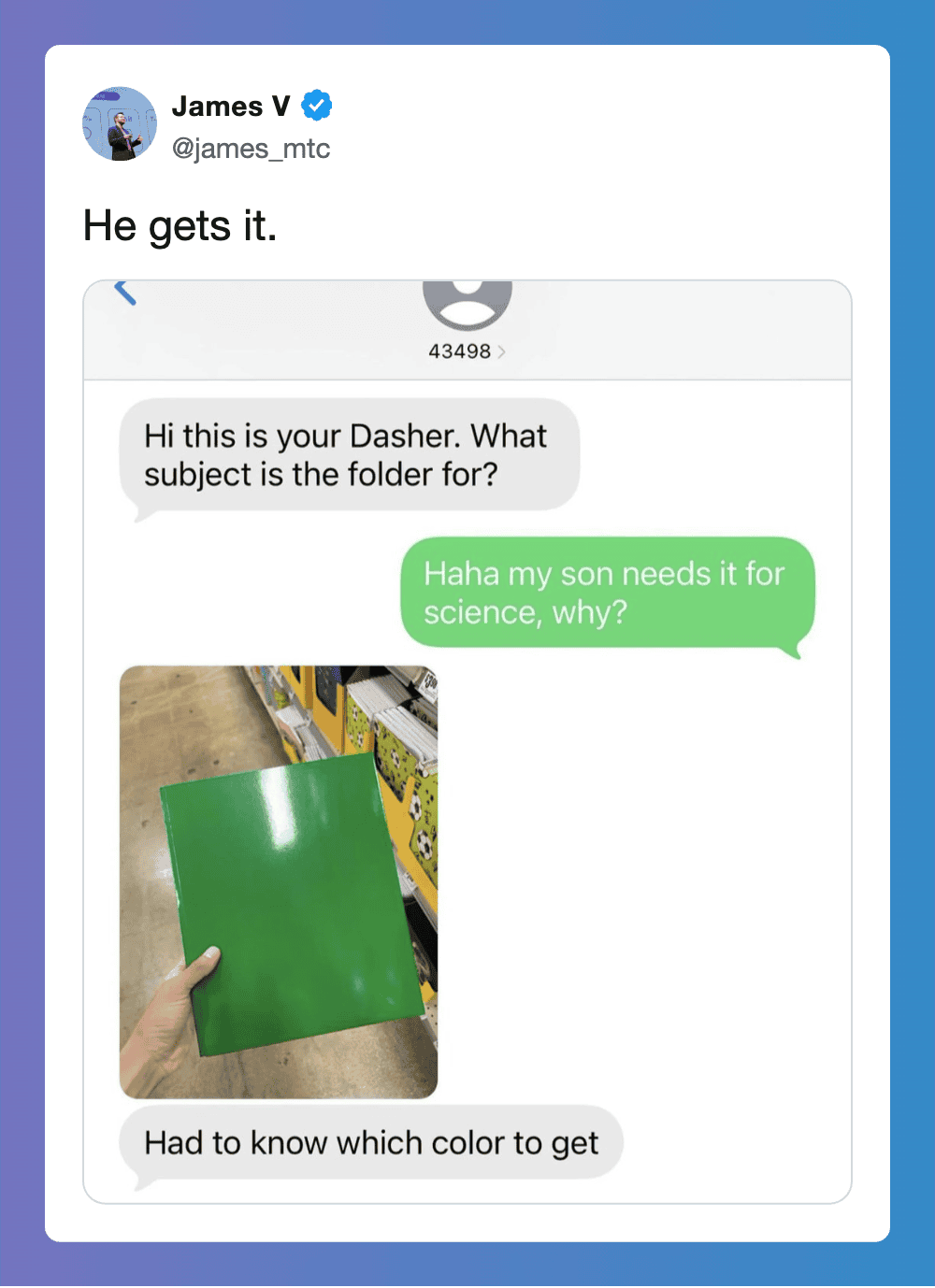 Screenshot of a conversation about a green folder in a Twitter post.